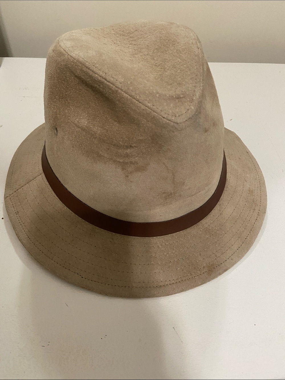 Beige Suede Fedora with Brown Band